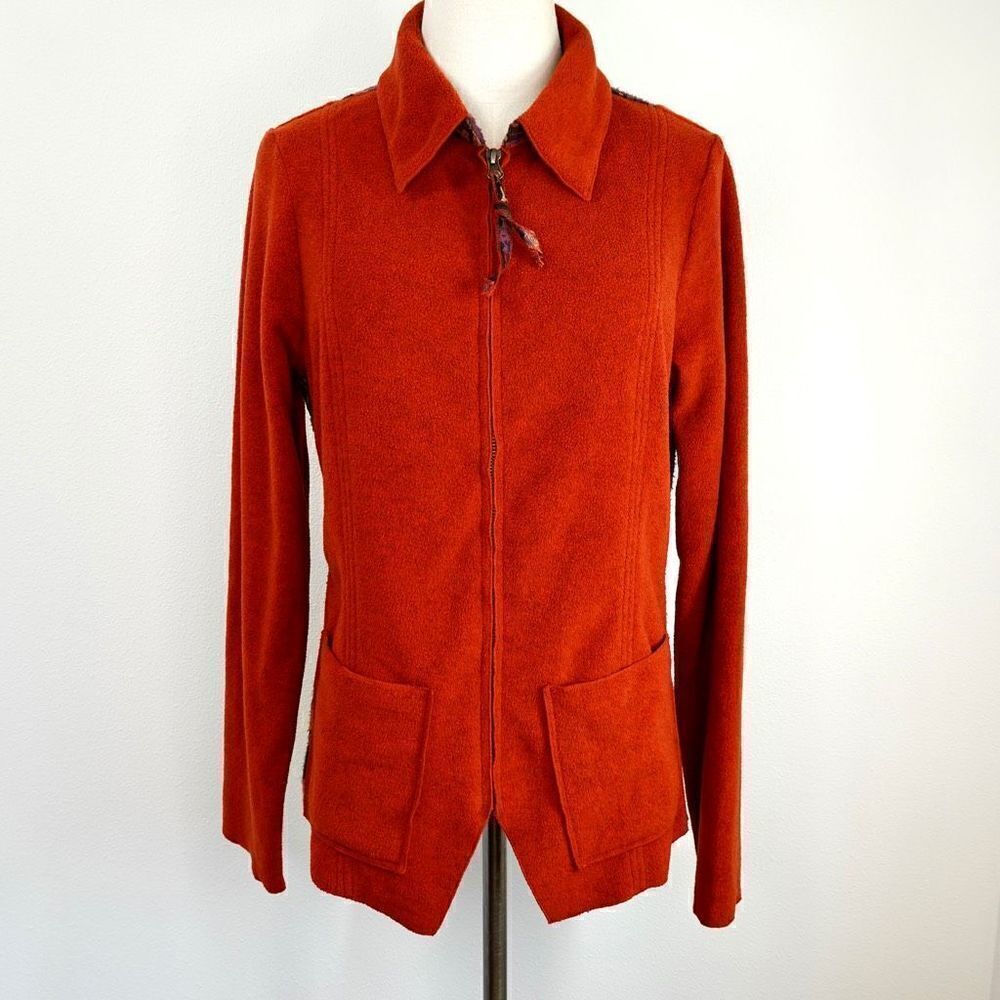 Soft Surroundings Burnt Orange Rust Fleece with Purple Tapestry Panels Cardigan